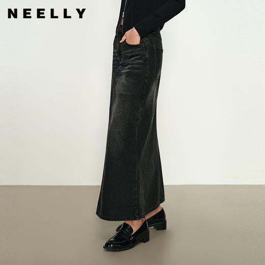 NEELLY纳俪商场同款秋新款A字廓形水洗牛仔百搭半身裙女显瘦长裙N25084E04609 商品图0