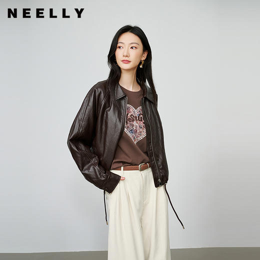 NEELLY纳俪商场同款秋季新款简约机车短款皮衣女休闲松弛短外套N25084C05506 商品图0