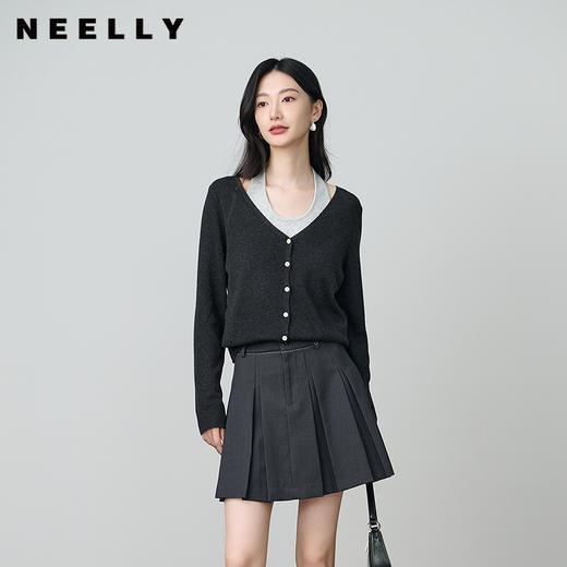 NEELLY纳俪商场同款秋新款设计感假两件挂脖针织衫女休闲百搭上衣N25084A05510 商品图0