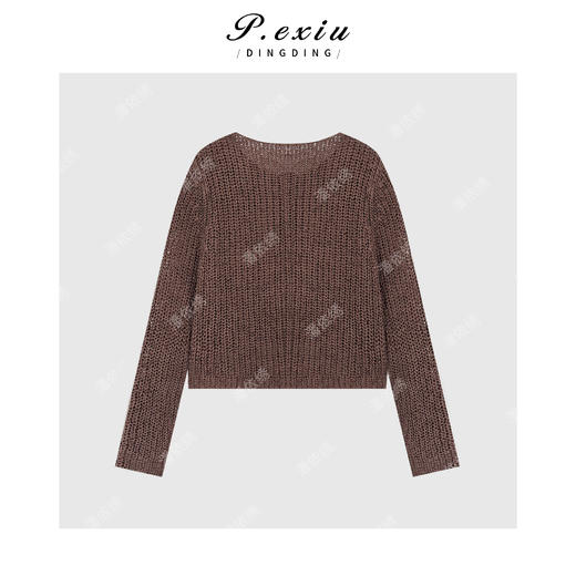 04-4潘依绣丁丁宠粉带子纱慵懒感镂空坑条圆领针织上衣 C056 商品图2