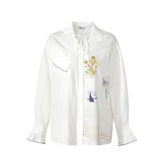 两三事梵高文艺 绮园梵迹 2025秋季新款小清新印花绑带翻领衬衫女 商品图4