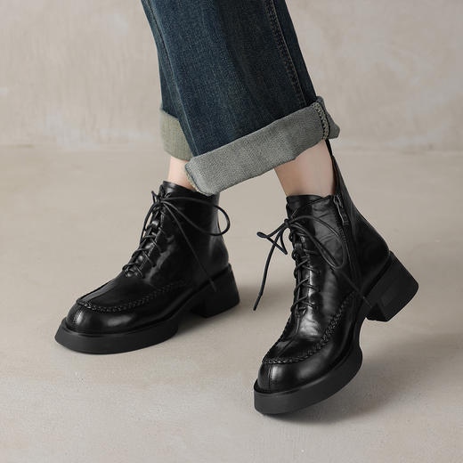 阿么手工女鞋粗跟系带马丁靴2025新款侧拉链真皮英伦风短靴女5CM 商品图1