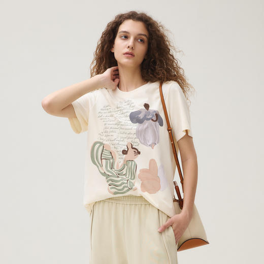 谜底T恤短袖女2025秋季新品休闲100%棉磨毛亲肤印花上衣253MT1160 商品图1