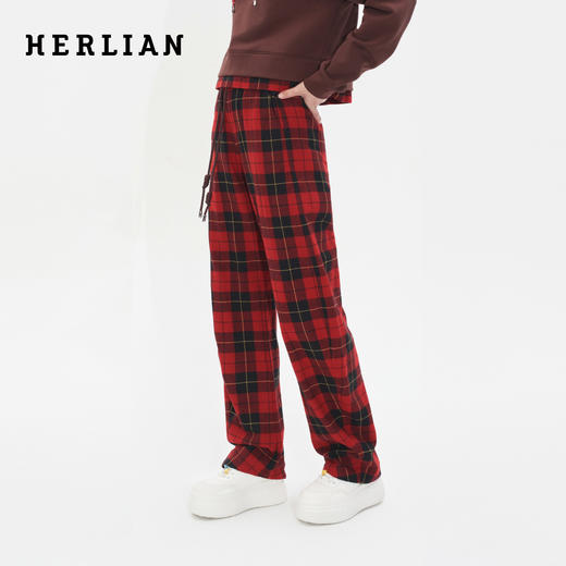 HERLIAN2025年秋季新品女士黑红格纹弯刀休闲长裤 商品图2
