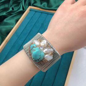 E2-5-3b天然巴洛克珍珠绿松石镶嵌宽边手镯新款设计银色百搭时尚