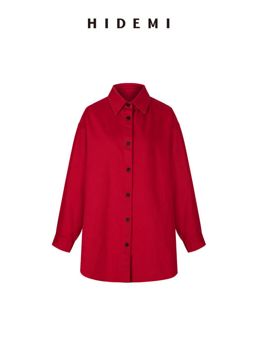 HIDEMI 极简设计感高密水洗牛仔大廓形纽扣式衬衫 马斯正红/水洗复古蓝 商品图8