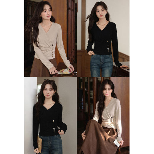 鹿向南「曲鸢流星」燕麦色显瘦V领针织衫女早秋新款设计感长袖T恤 商品图0