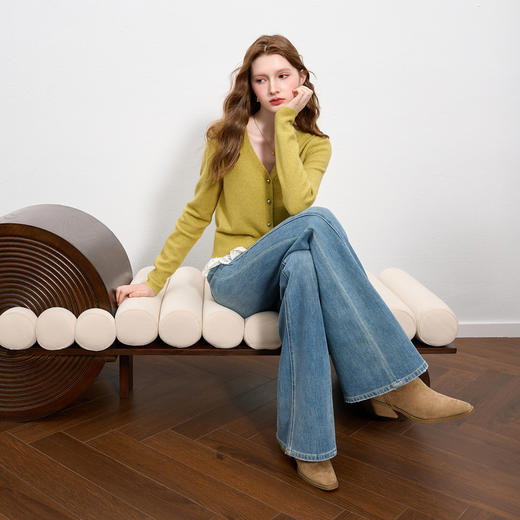 三彩2025秋季新款蕾丝花边开衫针织衫V领毛衫休闲上衣简约M 商品图3