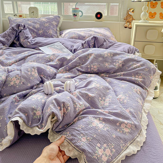 【YW】无忧购【甄选】云感木棉皱皱纱双层纱蕾丝花边四件套碎花可机洗（截单3-5天发货) 商品图3