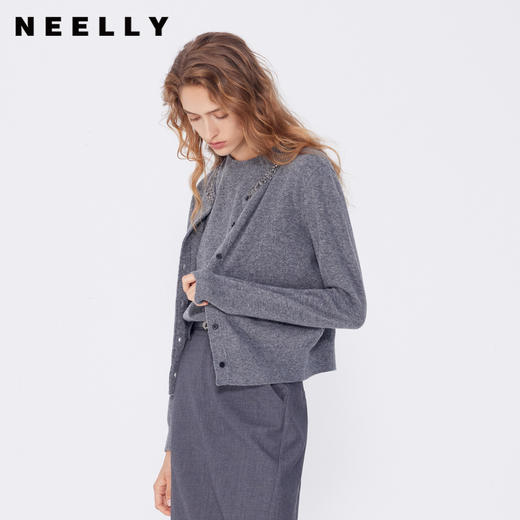 NEELLY纳俪商场同款秋新款绵羊毛通勤灰色两件套针织衫女软糯上衣N25084A04578 商品图0