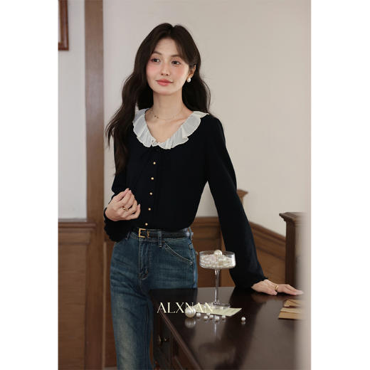 鹿向南「迷雾松可」黑色长袖针织衫女早秋新款设计感小众好看上衣 商品图2