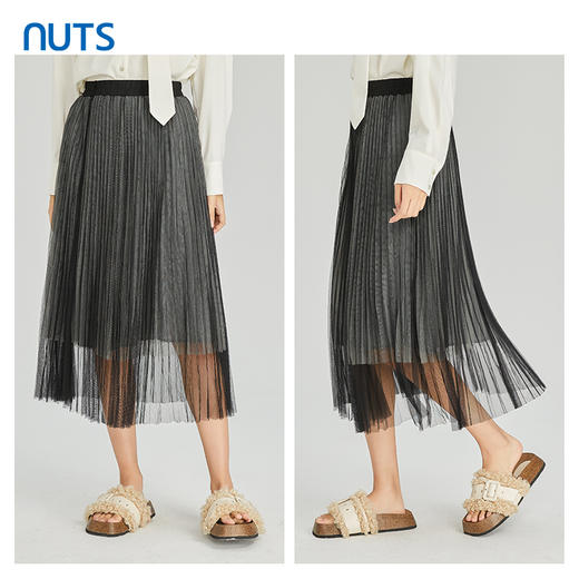 NUTS商场同款春秋季松紧腰气质百搭百褶网纱半身长裙女314063146B 商品图3