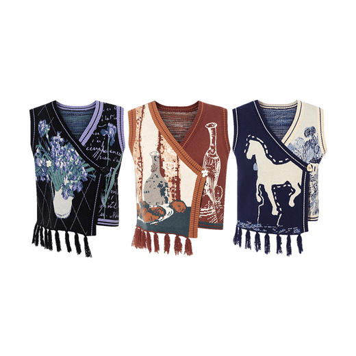 两三事梵高文艺旷野诗行2025秋季新款流苏下摆花色无袖针织开衫女 商品图4