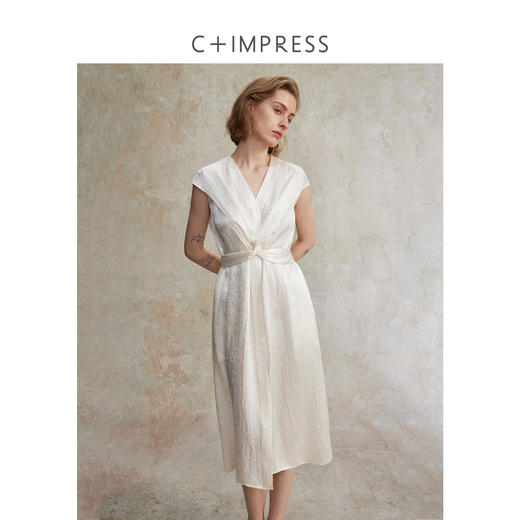 醋酸皱别致扭结短袖收腰V领优雅法式连衣裙LYQ2502103 商品图1