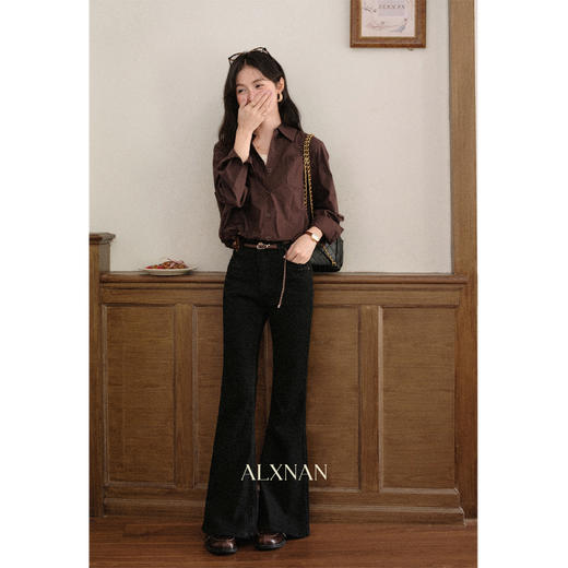 鹿向南「晚风呢喃」蓝色高腰微喇修身牛仔裤早秋新款通勤长裤女士 商品图1