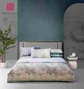 绎生活  全棉印花三/四件套 春游灰蓝/绿、田园的风绿