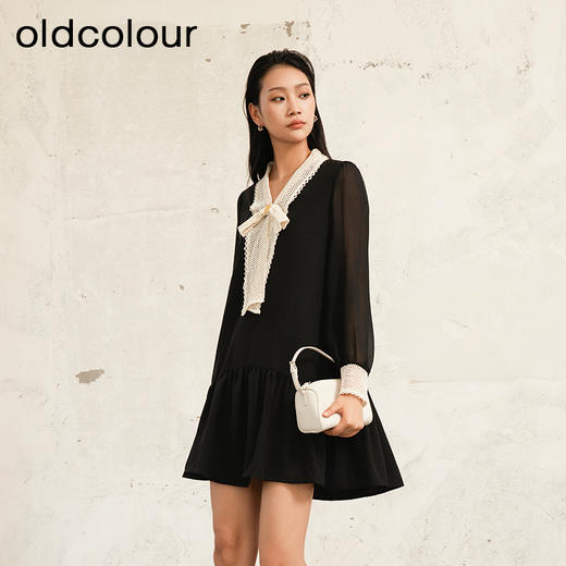 oldcolour夏季新款黑色高级设计感拼接宽松长袖连衣裙女P321008A1 商品图1