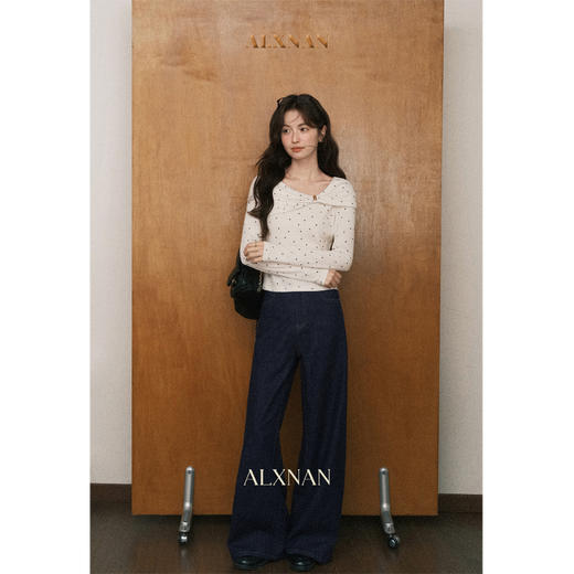 鹿向南「南枝杏调」温柔杏色波点设计感斜肩T恤女秋小众长袖上衣L57026 商品图3