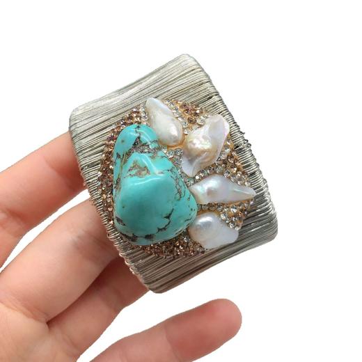 E2-5-3b天然巴洛克珍珠绿松石镶嵌宽边手镯新款设计银色百搭时尚 商品图4