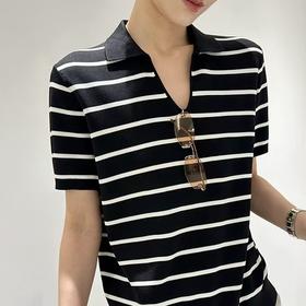 【à perles】桑蚕丝polo条纹上衣