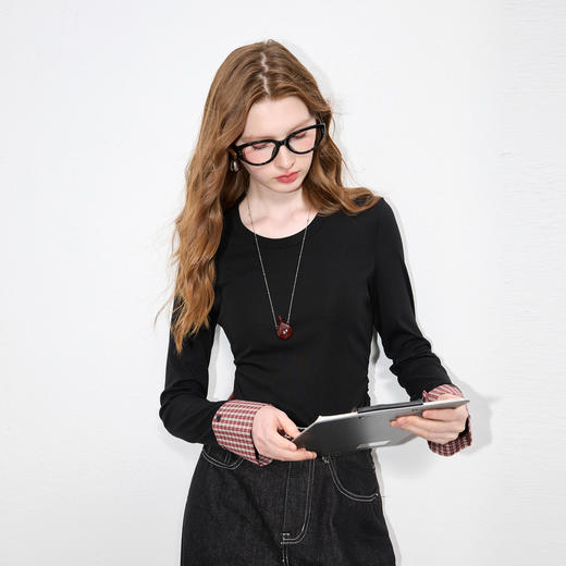 【瘦瘦T】三彩2025秋季新款圆领长袖T恤打底衫上衣正肩修身M 商品图2