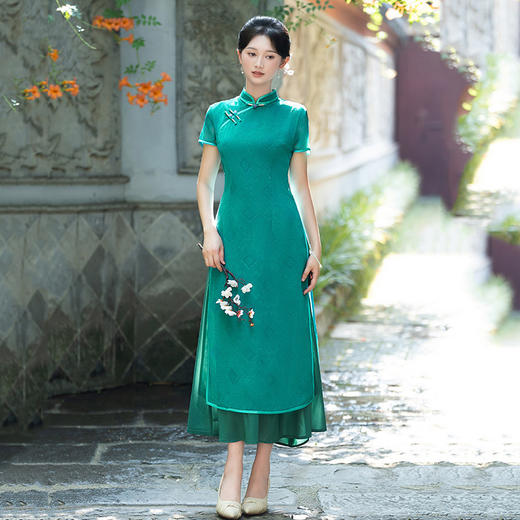 SC21819 2025春夏新款剪花奥黛复古长旗袍文艺风改良新中式优雅女修身国风 商品图3