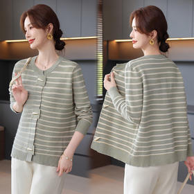 Q1027优雅妈妈装撞色条纹针织开衫秋冬新款洋气百搭中老年女装外套