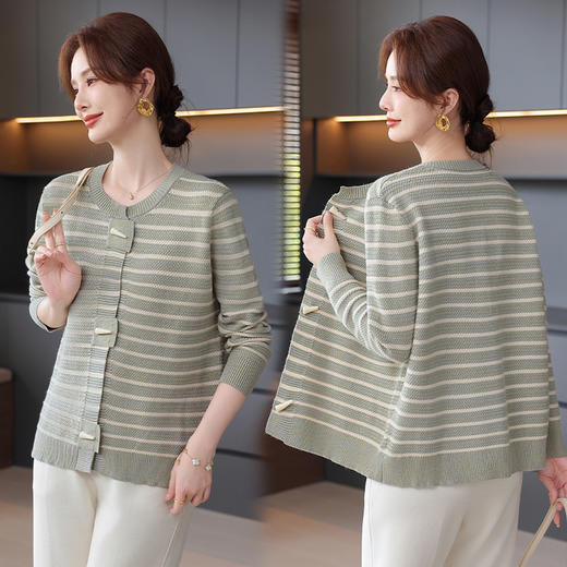 Q1027优雅妈妈装撞色条纹针织开衫秋冬新款洋气百搭中老年女装外套 商品图0