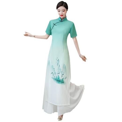 THA533浅绿素雅改良奥黛旗袍2025改良高端气质连衣裙茶服飘逸走秀演出服 商品图4