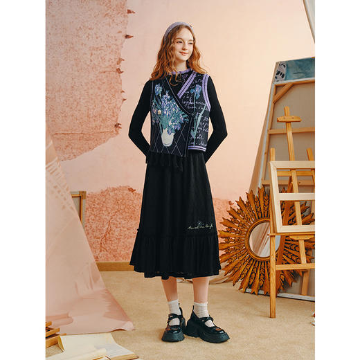 两三事梵高文艺旷野诗行2025秋季新款流苏下摆花色无袖针织开衫女 商品图3