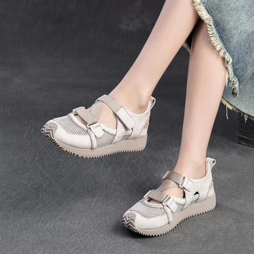 2F882025夏季新款拼色运动风休闲单鞋魔术贴透气网面真皮女鞋 商品图1