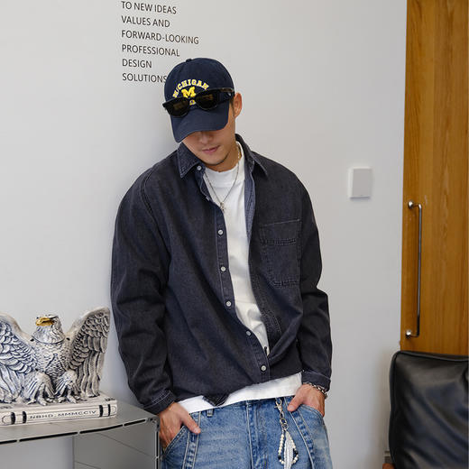 徐太浪280g蓝色牛仔长袖衬衫男2025新款秋季潮牌男装大码衬衣外套 商品图3