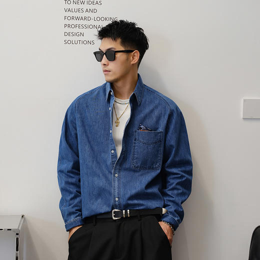 徐太浪280g蓝色牛仔长袖衬衫男2025新款秋季潮牌男装大码衬衣外套 商品图0
