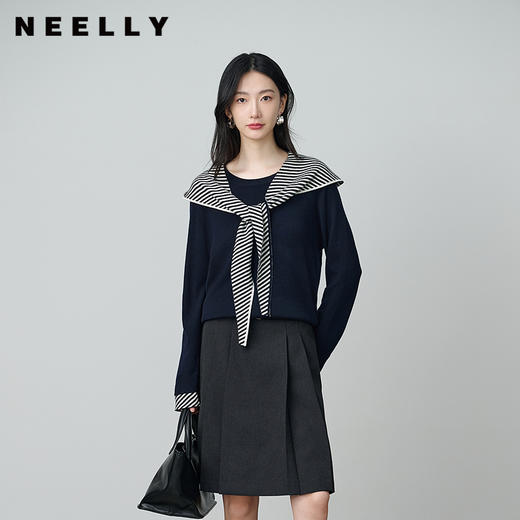 NEELLY纳俪商场同款秋季新款假两件披肩撞色针织衫女质感个性上衣N25084A05511 商品图0