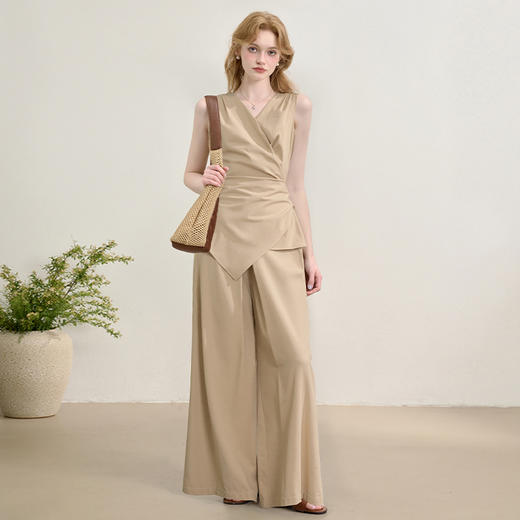 西遇老钱风通勤套装秋季气质V领无袖背心搭阔腿裤两件套V2451102 商品图1