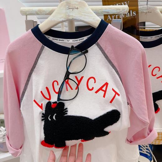 【幸运猫】巴比童装撞色插肩袖防晒衫女2025春拼接圆领宽松休闲百搭长袖T0★ 商品图6