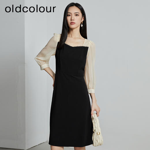 oldcolour商场同款秋气质方领优雅显瘦拼接连衣裙女P321005A1 商品图0