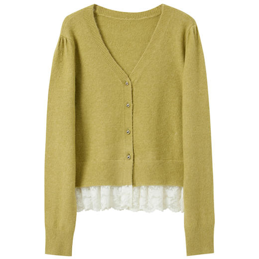 三彩2025秋季新款蕾丝花边开衫针织衫V领毛衫休闲上衣简约M 商品图4