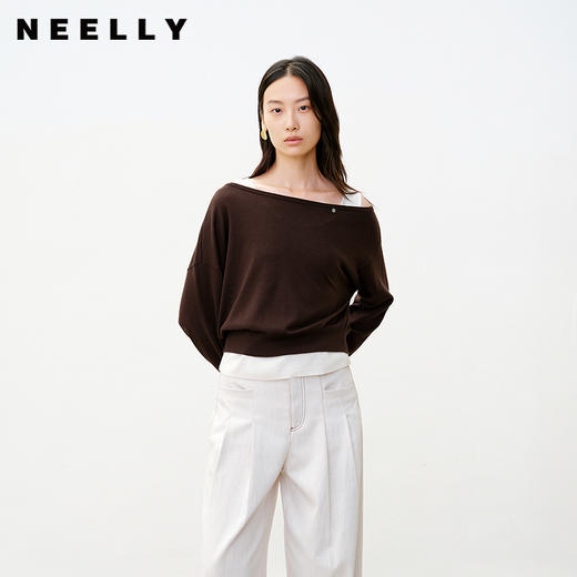 NEELLY纳俪商场同款秋季新款法式休闲一字领针织衫女休闲舒适上衣N25081A01054 商品图0