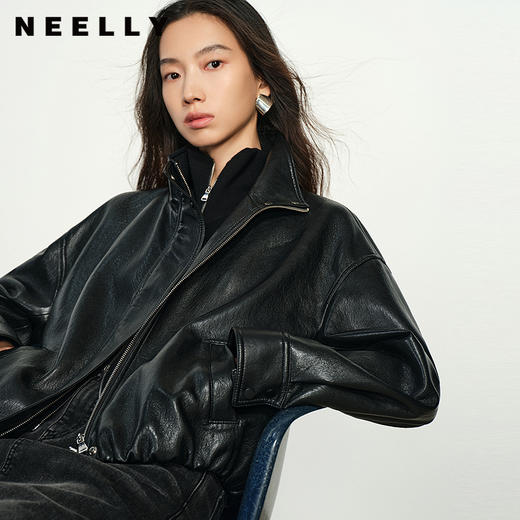 NEELLY纳俪商场同款秋季新款短款帅气黑色皮衣女高级感复古短外套N25084C04411 商品图0