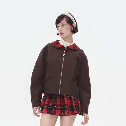 HERLIAN2025年秋季新品女士绵羊毛格纹拼接娃娃领设计廓形外套 商品图2