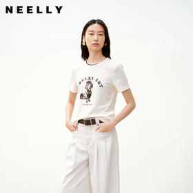 NEELLY纳俪商场同款秋新款圆领卡通印花短袖T恤女正肩趣味感上衣N25081T01063
