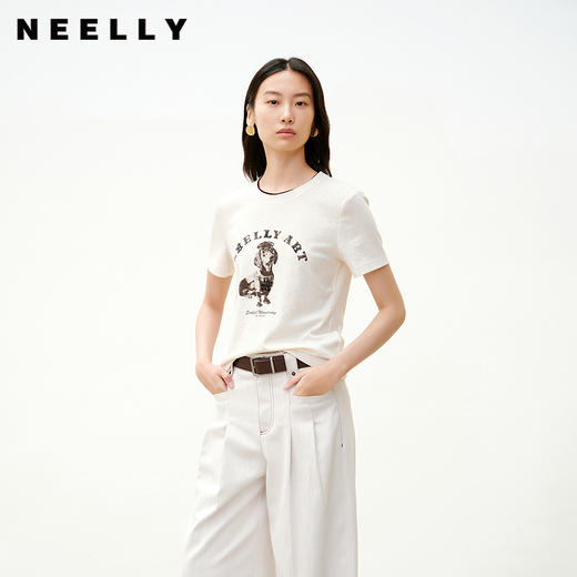 NEELLY纳俪商场同款秋新款圆领卡通印花短袖T恤女正肩趣味感上衣N25081T01063 商品图0