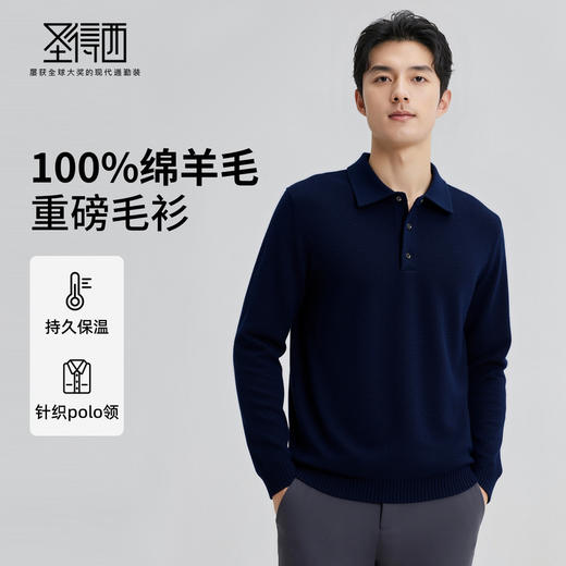 【100%绵羊毛】圣得西男士保暖polo领羊毛衫25秋新款重磅毛衣410g 商品图0
