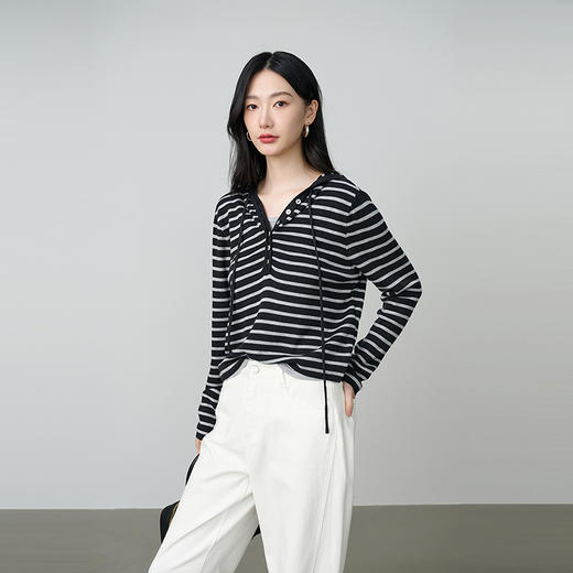 NEELLY纳俪商场同款秋新款经典简约条纹撞色针织衫女随性舒适上衣N25084A05509 商品图3