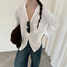 卷卷紫简约休闲V领棉麻衬衫 面料舒适亲肤透气 法式气质风慵懒松弛随性百搭