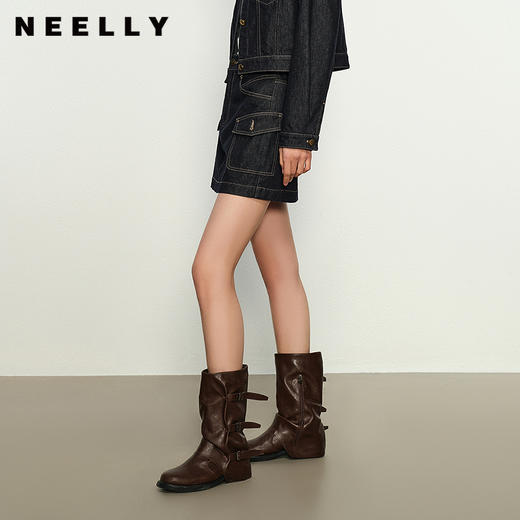NEELLY纳俪商场同款秋季新款复古牛仔显白高腰短裙女简约A字裙N25084E04589 商品图0