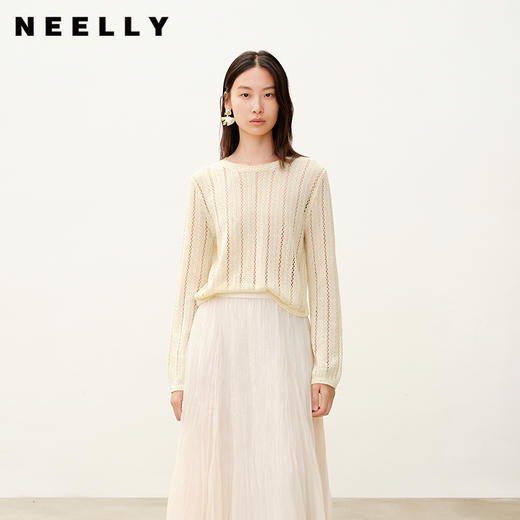 NEELLY纳俪商场同款秋季新款显白微暖镂空针织衫女宽松舒适上衣N25081A01053 商品图0