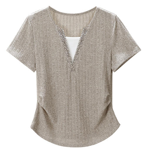 「自j」全新升级【铂金会员109/天猫149/差价40】(02156)洛诗琳假两件烫钻V领T恤2025夏季收腰遮肚正肩显瘦短袖上衣 商品图4