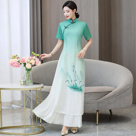 THA533浅绿素雅改良奥黛旗袍2025改良高端气质连衣裙茶服飘逸走秀演出服